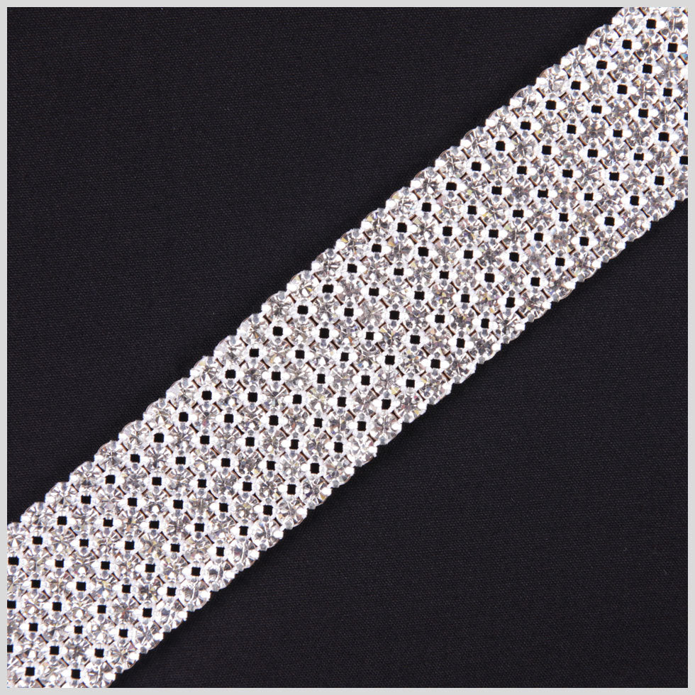 6 Rows Crystal Silver Plated on Black Net Metal & Czech Rhinestone - 1.125”