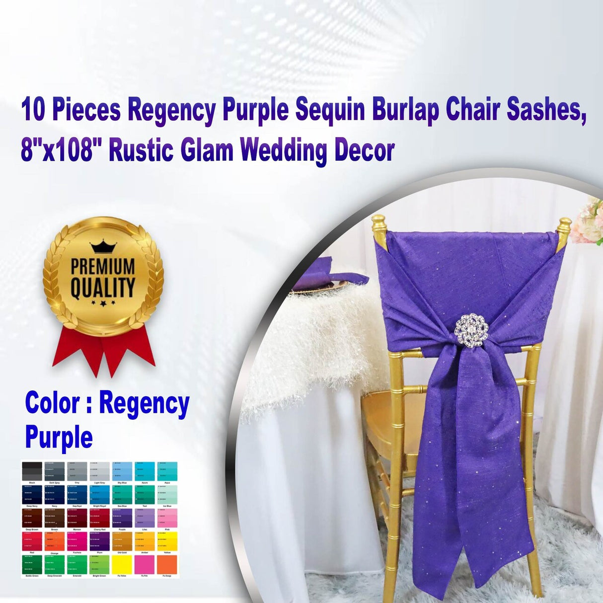 10 Pieces Regency Purple Sequin Burlap Chair Sashes, 8"x108" Rustic Glam Wedding Decor