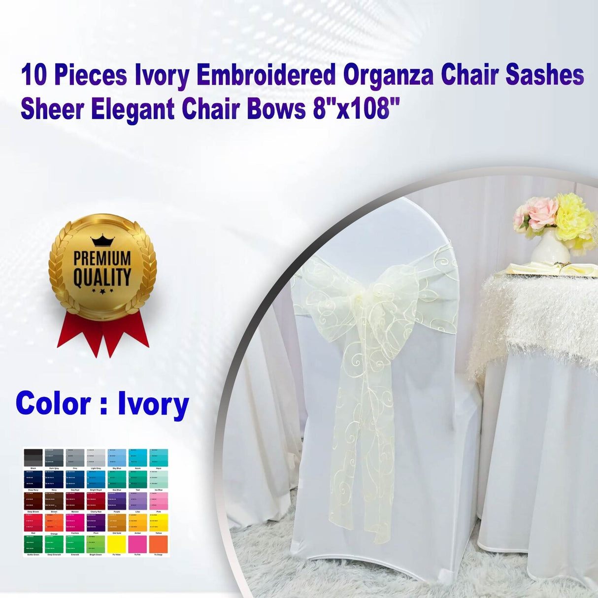 10 Pieces Ivory Embroidered Organza Chair Sashes Sheer Elegant Chair Bows 8"x108"