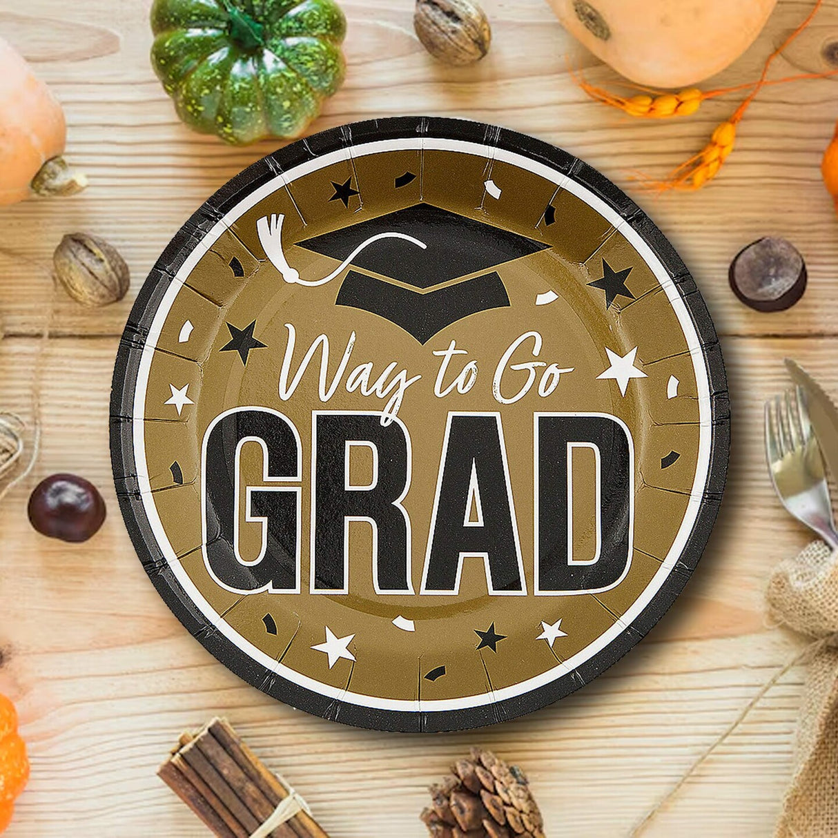 25 Count Gold Way to Go Grad Disposable Paper Dessert Plates 7 1/4 Inch Celebration Plates