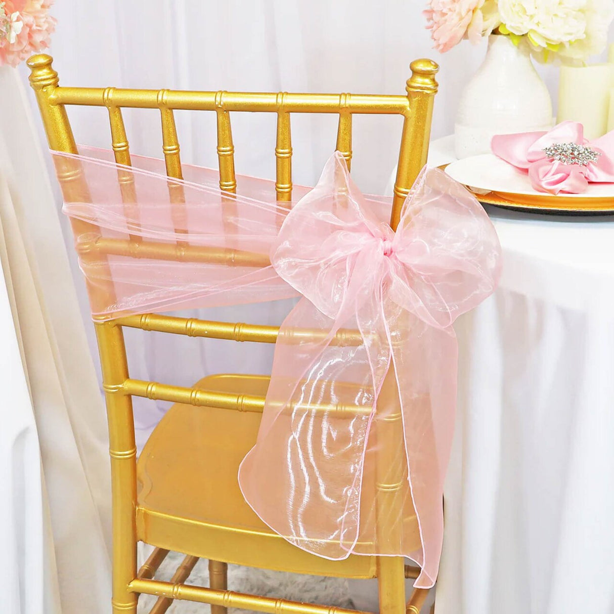 10 Pieces Pink Organza Chair Sashes 8"x108" Sheer Elegant Event Accessory