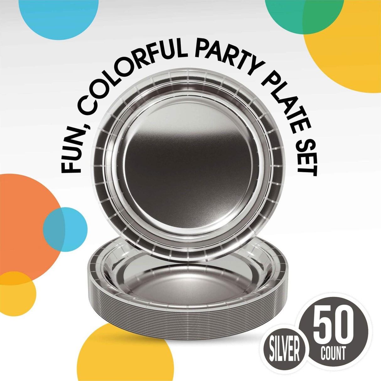50 Count Reflective Silver Paper Plates 9 Inch Elegant Disposable Plates for Parties and Events