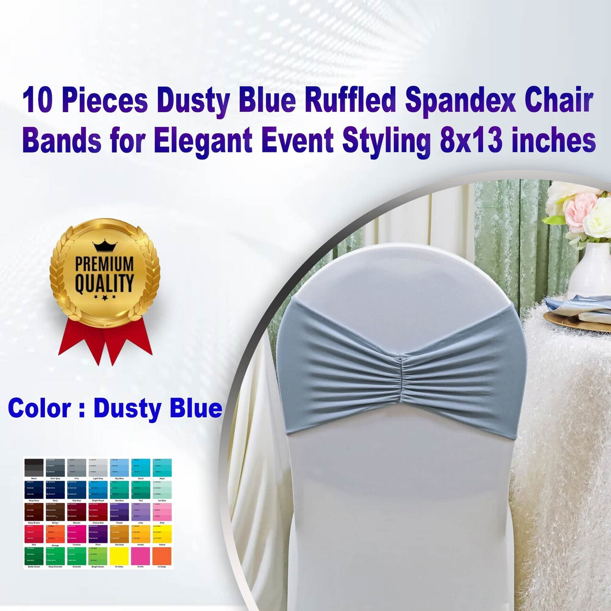 10 Pieces Dusty Blue Ruffled Spandex Chair Bands for Elegant Event Styling 8x13 inches