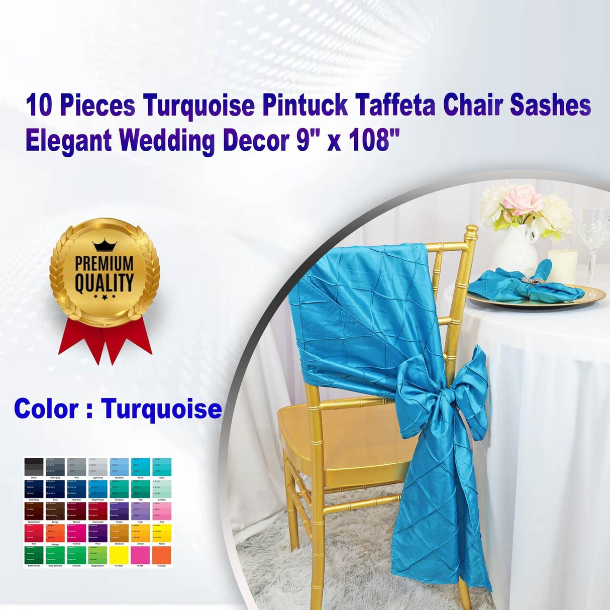 10 Pieces Turquoise Pintuck Taffeta Chair Sashes Elegant Wedding Decor 9" x 108"