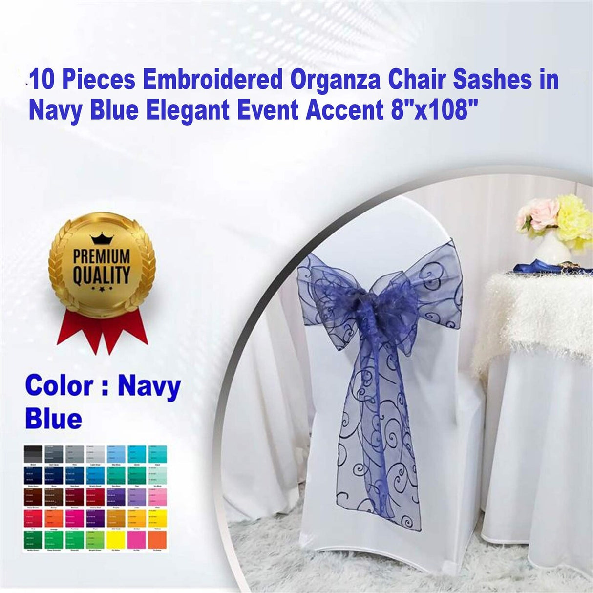 10 Pieces Embroidered Organza Chair Sashes in Deep Navy Blue Elegant Event Accent 8"x108"