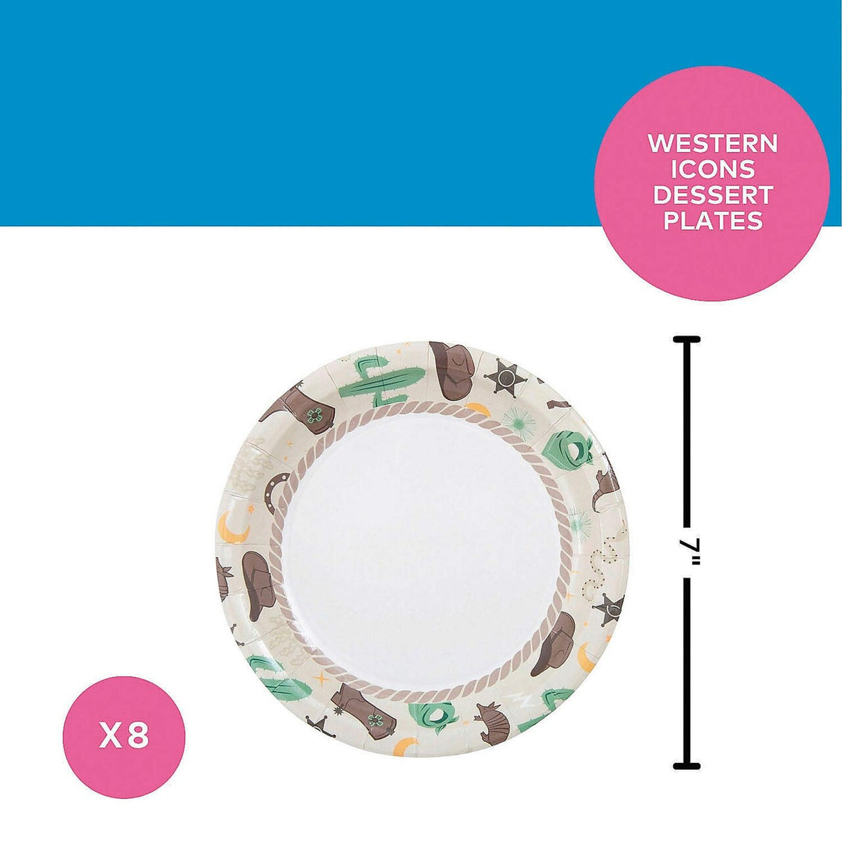 8 Ct. 7" Western Icons Round Disposable Paper Dessert Plates
