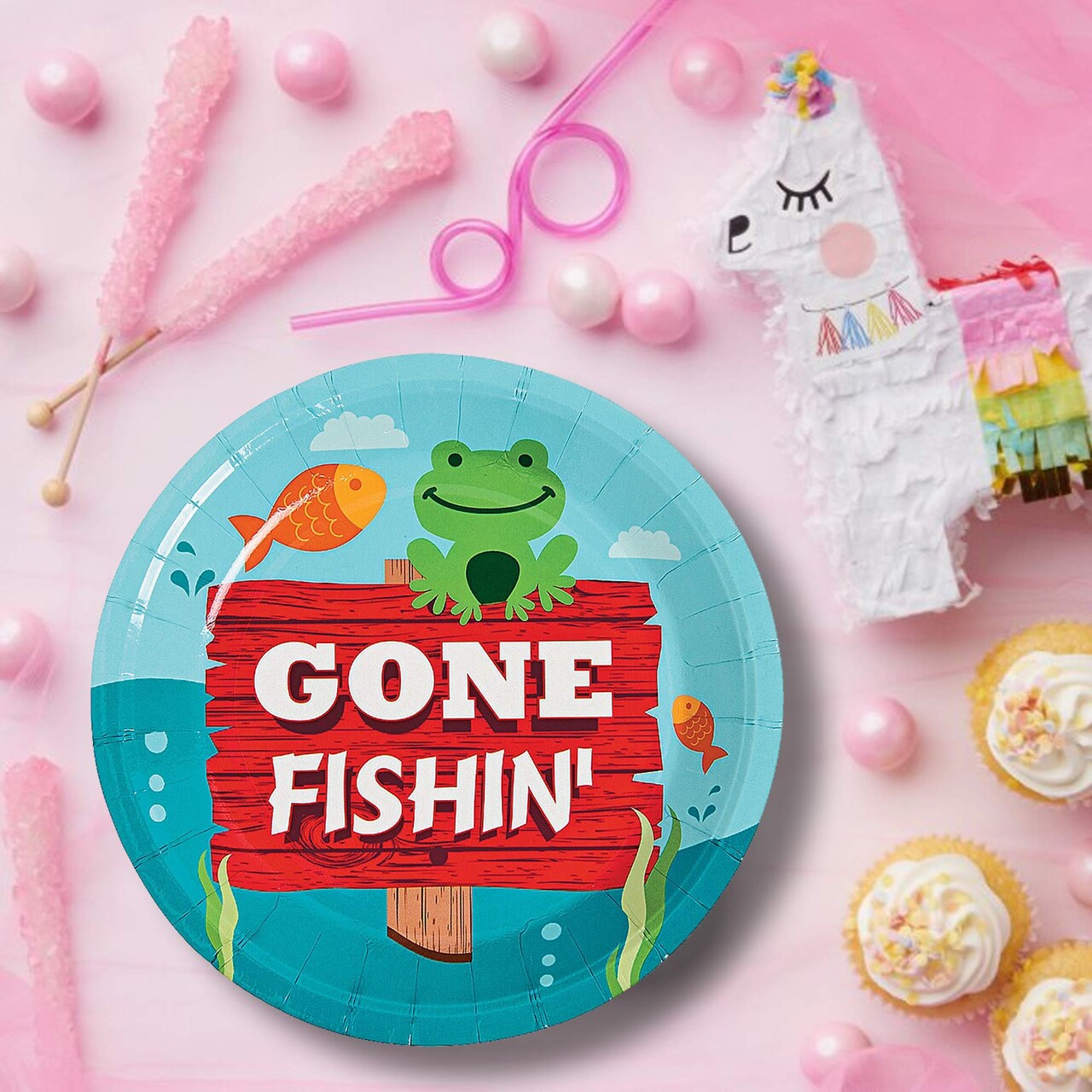 8 Ct. Little Fisherman Gone Fishin’ Paper Dessert Plates 7" Disposable Plates Fishing Theme Party Tableware