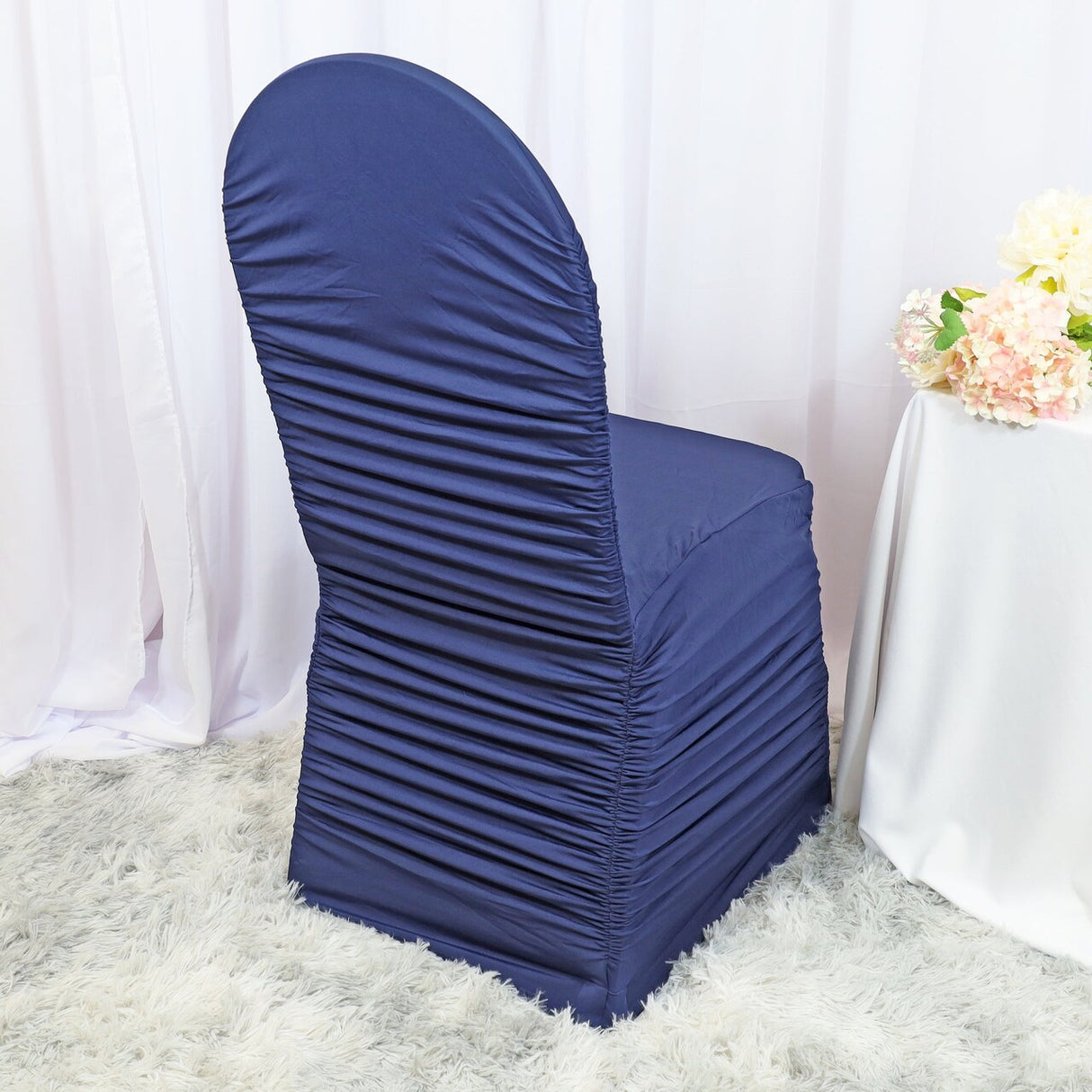 1 Piece Navy Blue Rouge Chair Cover, Ruffled Stretch Spandex for Banquet Chairs