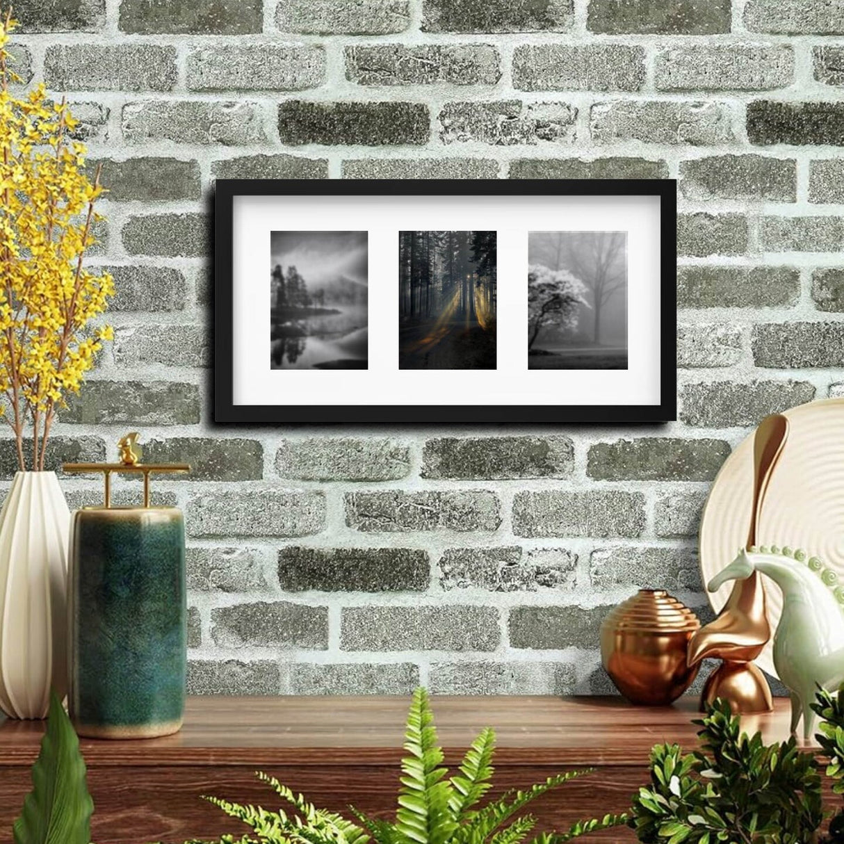 Black 3-Photo Frame 21¾" x 11" with Mount & Safe Plastic Front – Flexible Hanging with ALFTA Adhesive Hook