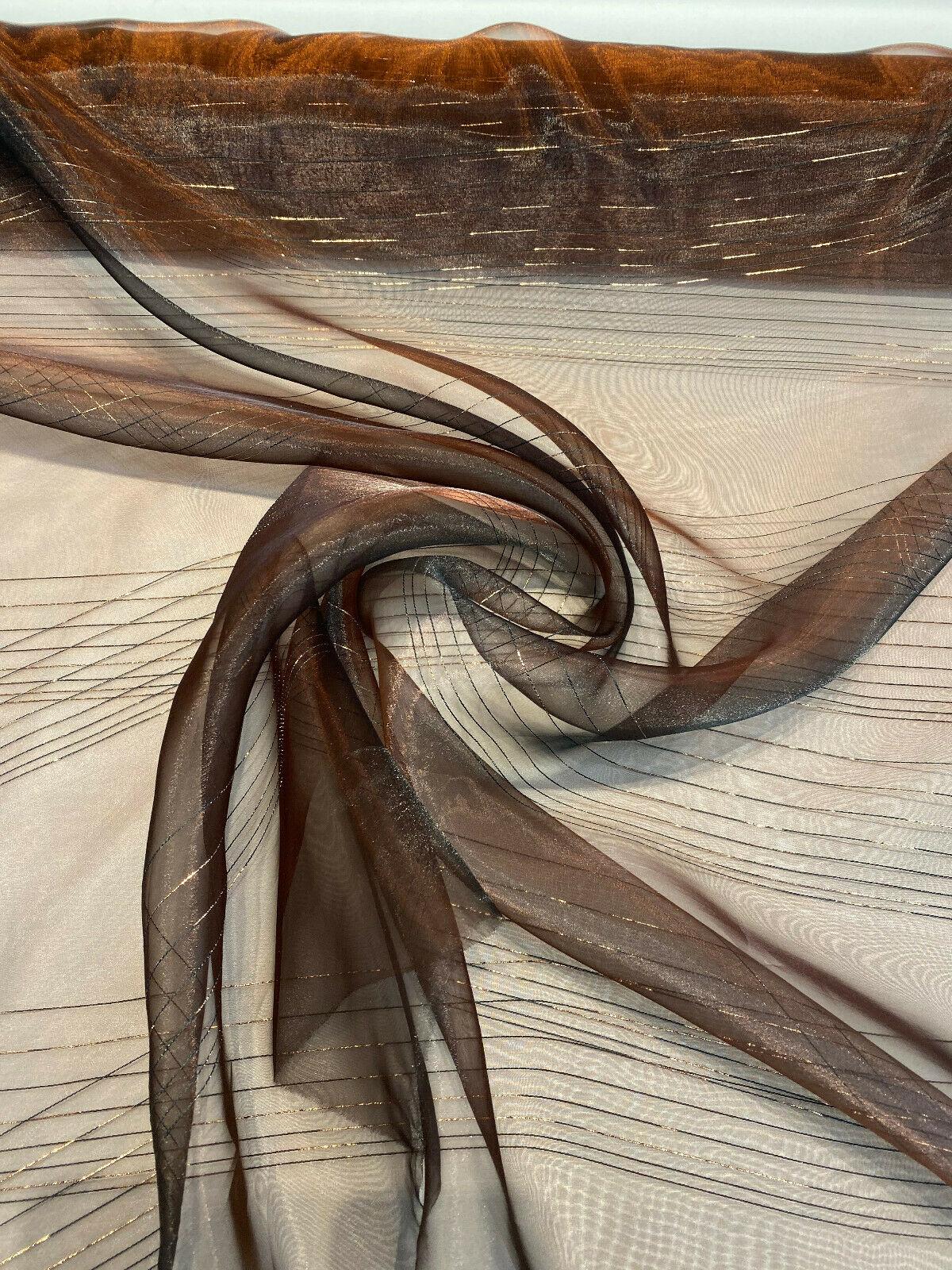French Bella Stripes Bronze Polyester Fabric - Brown Sheer With Black And Golden Brown Vertical Stripes, 118" Width (1 Yard)