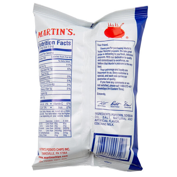 Martin's Air Popped Butter Flavored Popcorn 0.63 oz. Bag - 60/Case