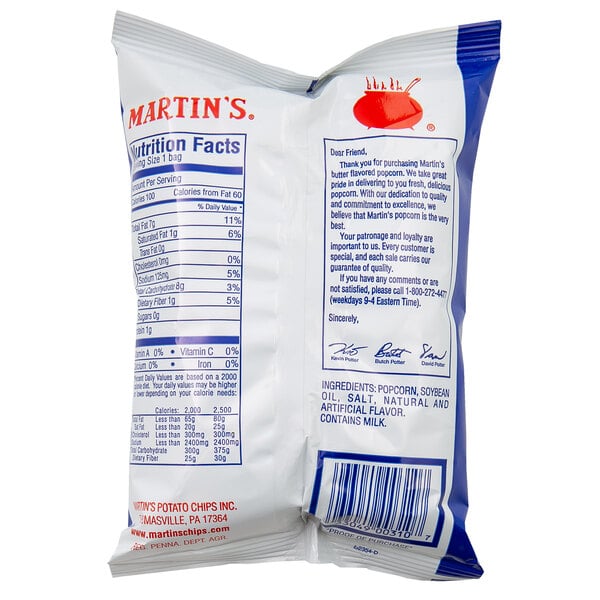 Martin's Air Popped Butter Flavored Popcorn 0.63 oz. Bag - 60/Case