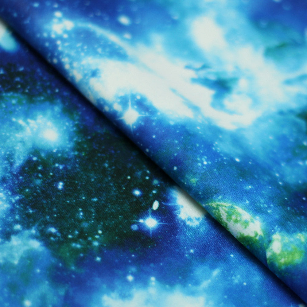 Galaxy Polyester Spandex Fabric - Pink, Blue, Multi, Sparkly Galaxy Print, 58/60" Width, 200 GSM (1 Yard)