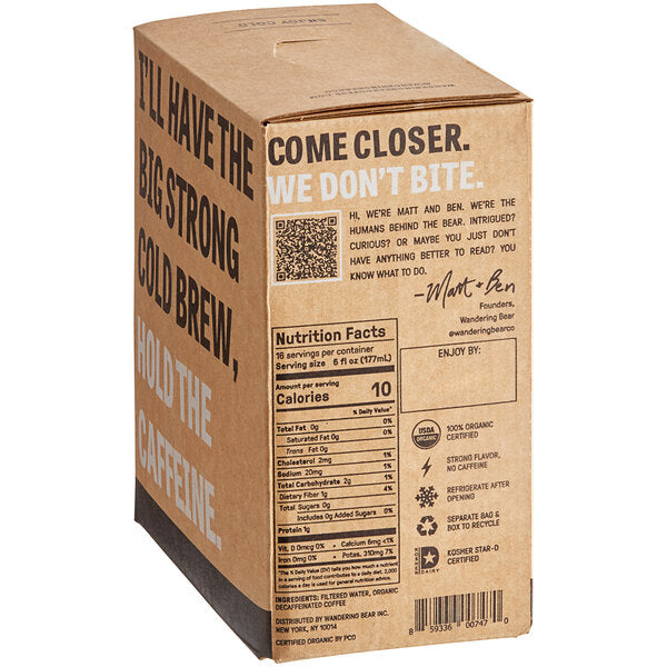 Wandering Bear Bag in Box Organic Straight Black Decaf Cold Brew Coffee 96 fl. oz. - 3/Case