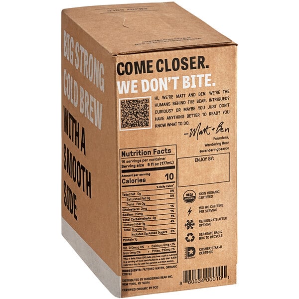 Wandering Bear Bag in Box Organic Straight Black Cold Brew Coffee 96 fl. oz. - 3/Case