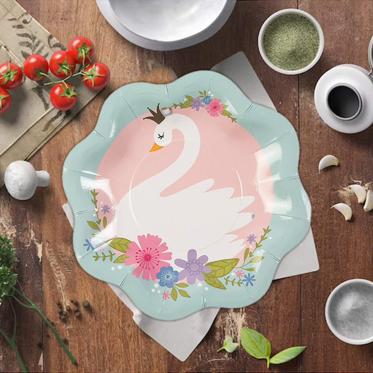 8 Ct. Sweet Swan Scalloped Paper Dessert Plates 8 1/2" Elegant Pastel Party Tableware