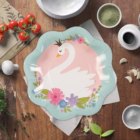 8 Ct. Sweet Swan Scalloped Paper Dessert Plates 8 1/2" Elegant Pastel Party Tableware