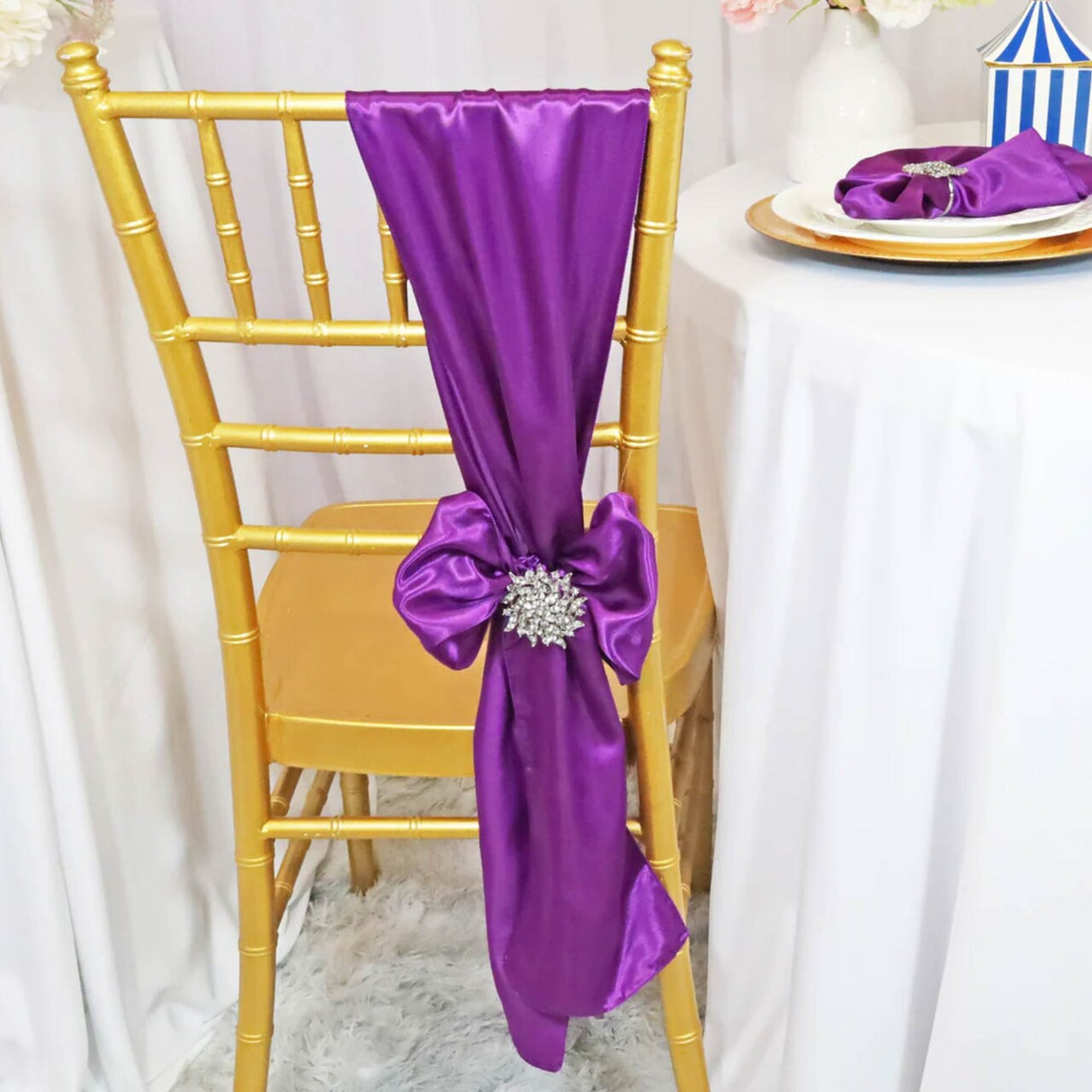 10 Pieces Purple Satin Fabric Chair Wraps, 8"x108" Stylish Decor Bands