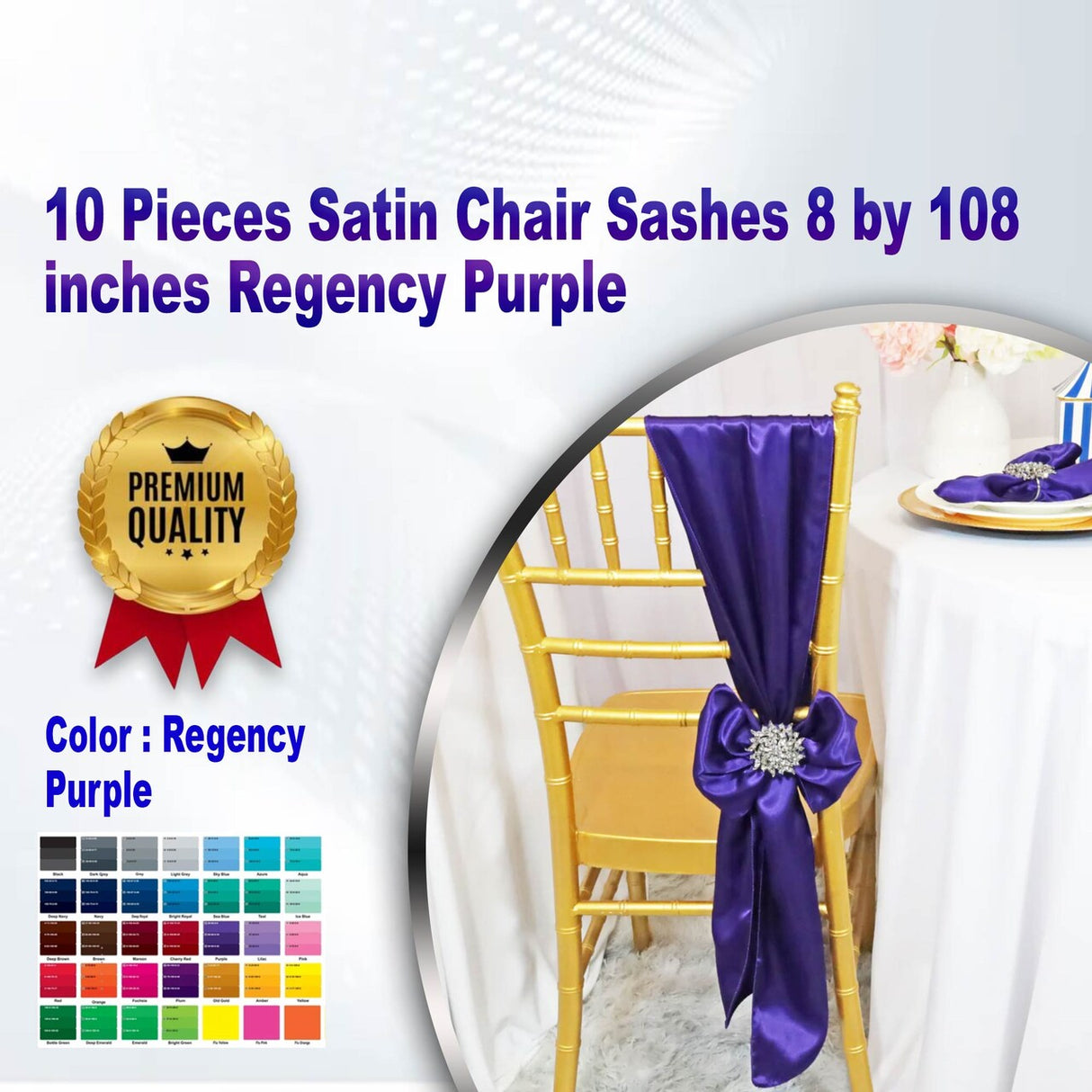 10 Pieces Satin Chair Sashes 8 by 108 inches Regency Purple