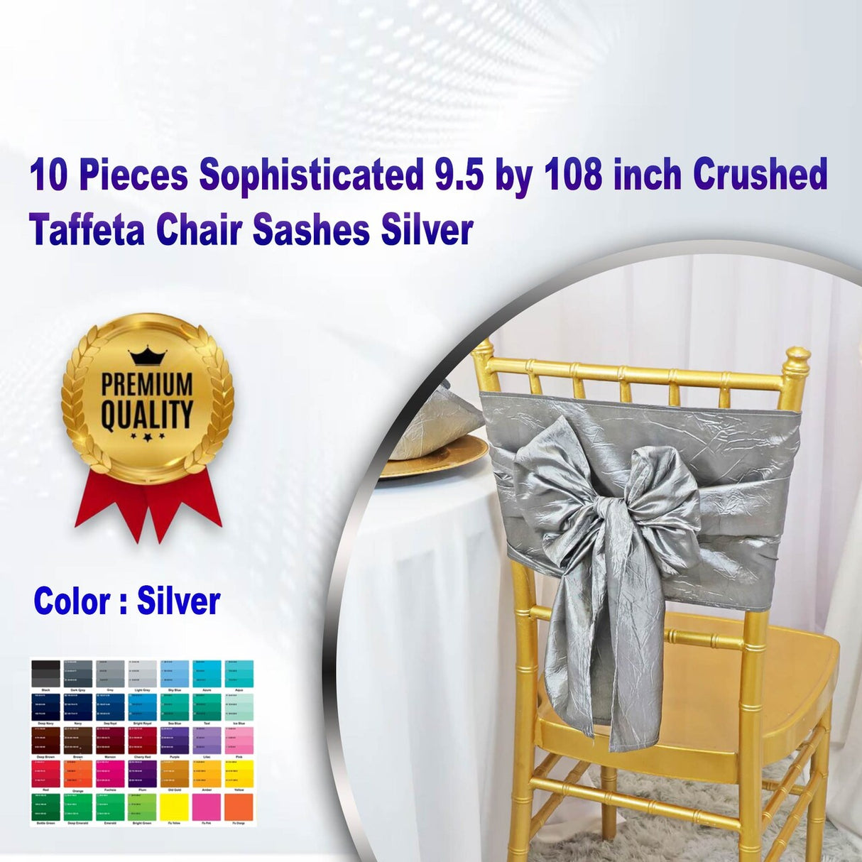 10 Pieces Sophisticated 9.5 by 108 inch Crushed Taffeta Chair Sashes Silver