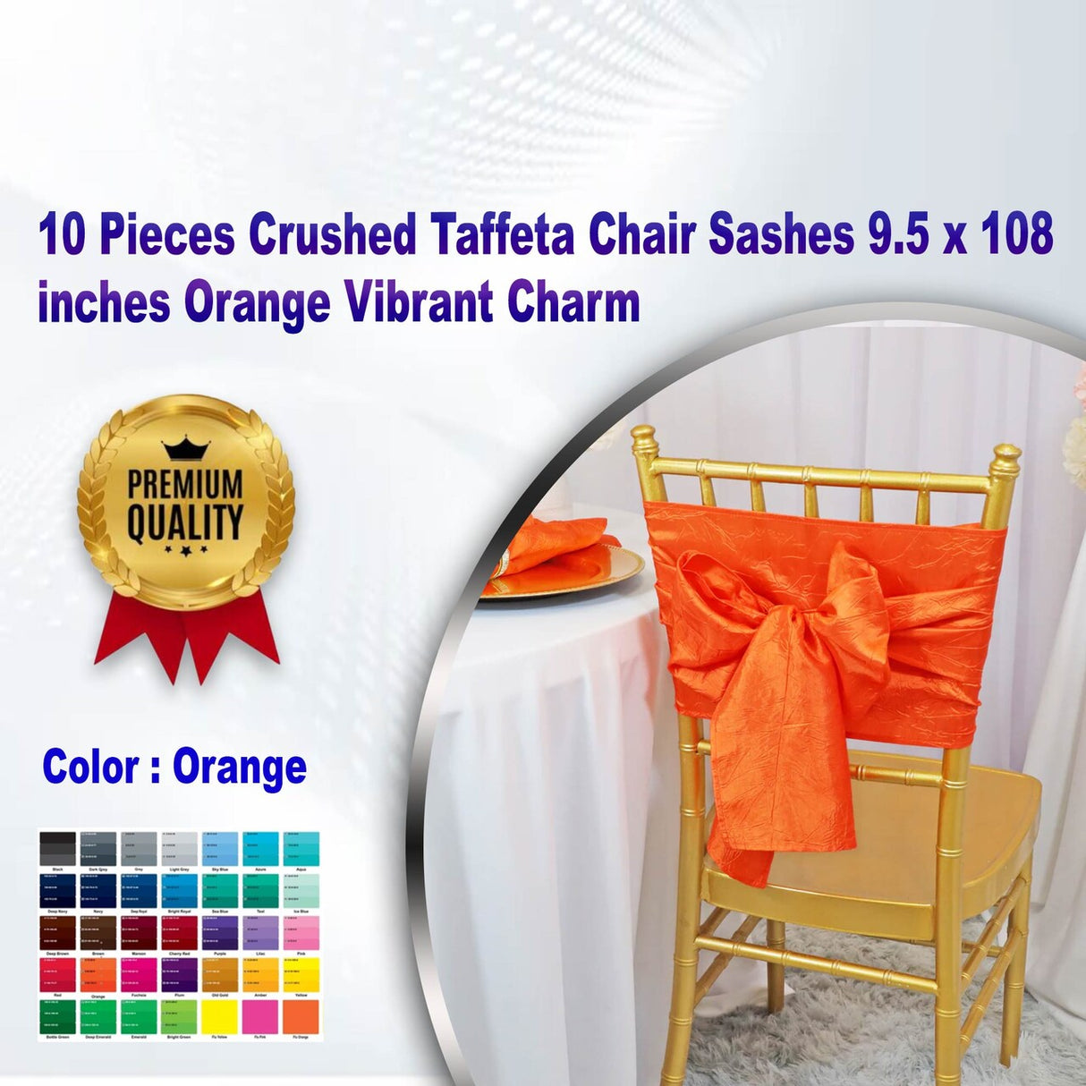 10 Pieces Crushed Taffeta Chair Sashes 9.5 x 108 inches Orange Vibrant Charm