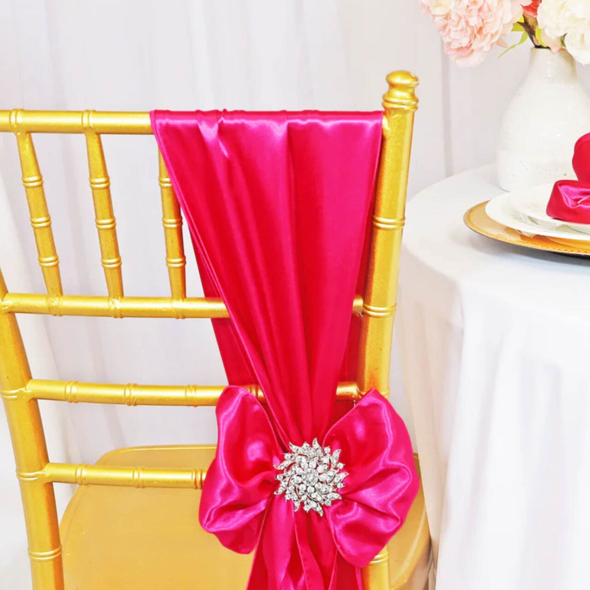 10 Pieces Fuchsia Satin Chair Bands, 8"x108" Elegant Event Wraps