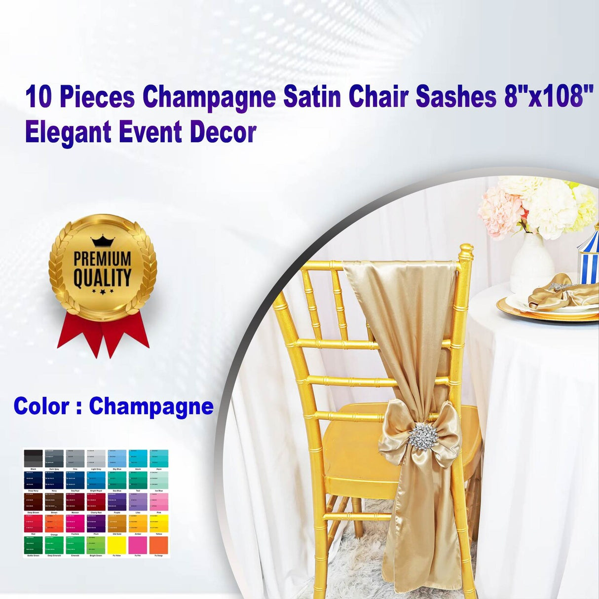 10 Pieces Champagne Satin Chair Sashes 8"x108" Elegant Event Decor