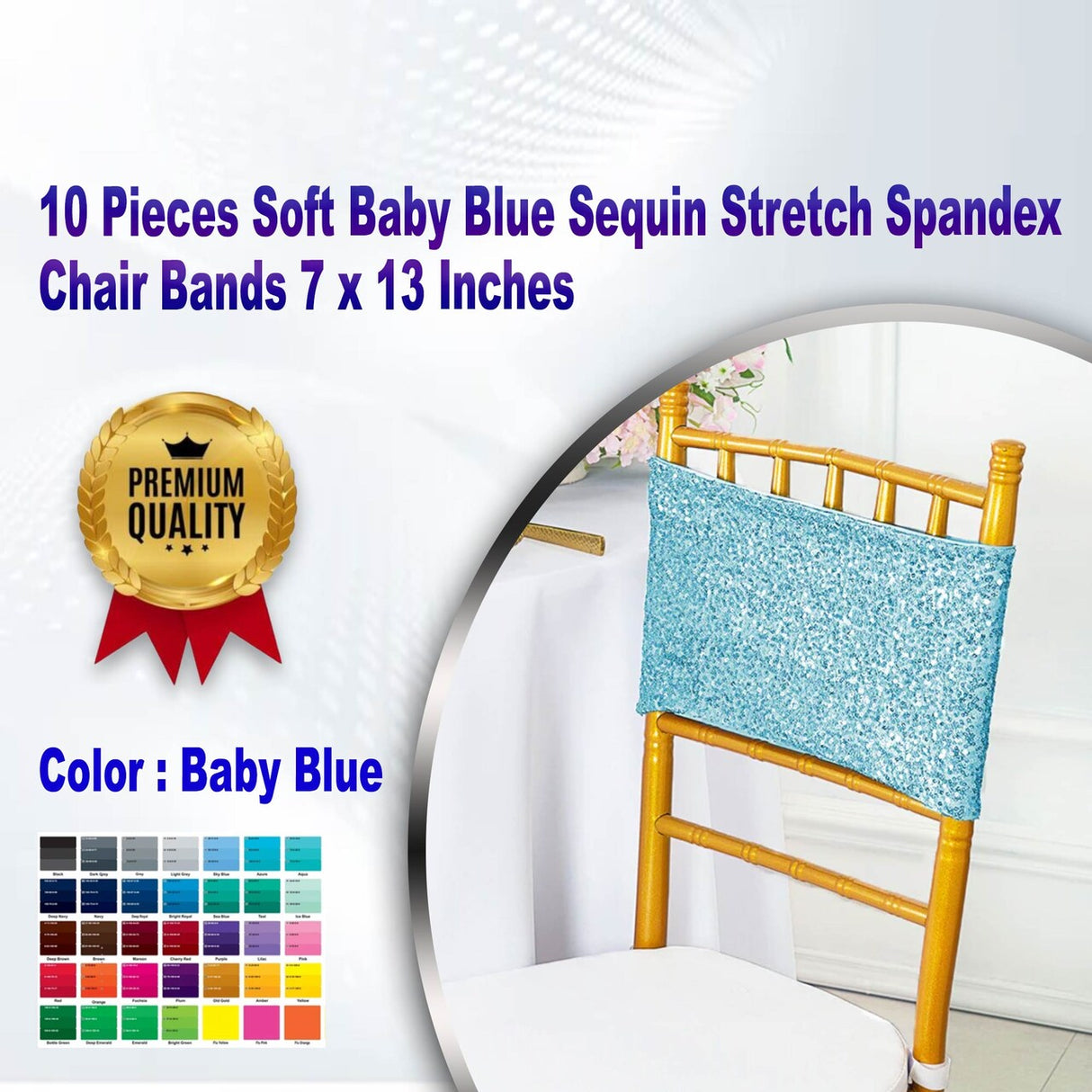 10 Pieces Soft Baby Blue Sequin Stretch Spandex Chair Bands 7 x 13 Inches
