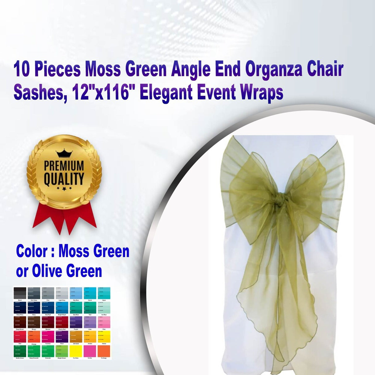 10 Pieces Moss Green Angle End Organza Chair Sashes, 12"x116" Elegant Event Wraps