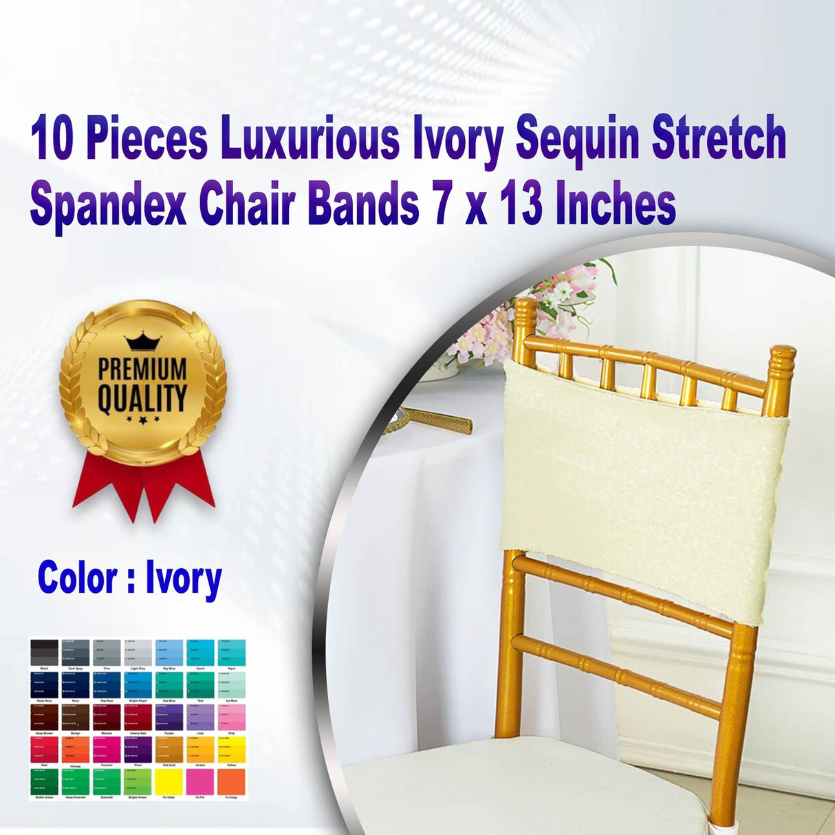 10 Pieces Luxurious Ivory Sequin Stretch Spandex Chair Bands 7 x 13 Inches