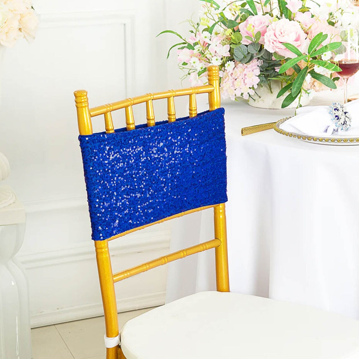 10 Pieces Radiant Royal Blue Sequin Stretch Spandex Chair Bands 7 x 13 Inches