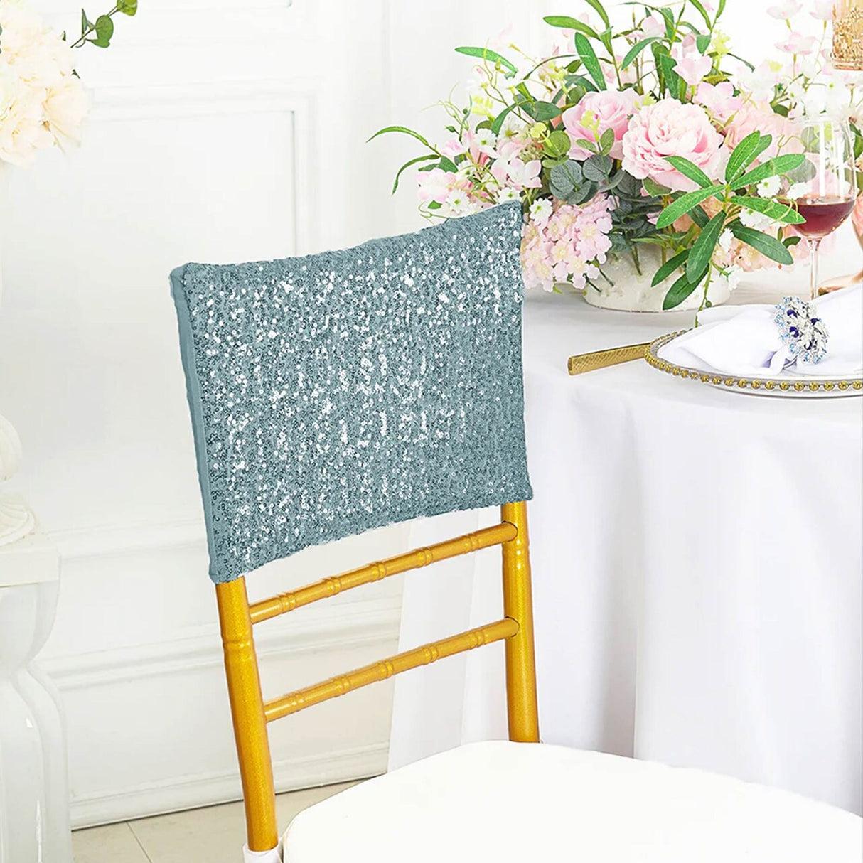 1 Piece Coral Sequin Spandex Chair Cap 13.5 inch by 10 inch Party Decor