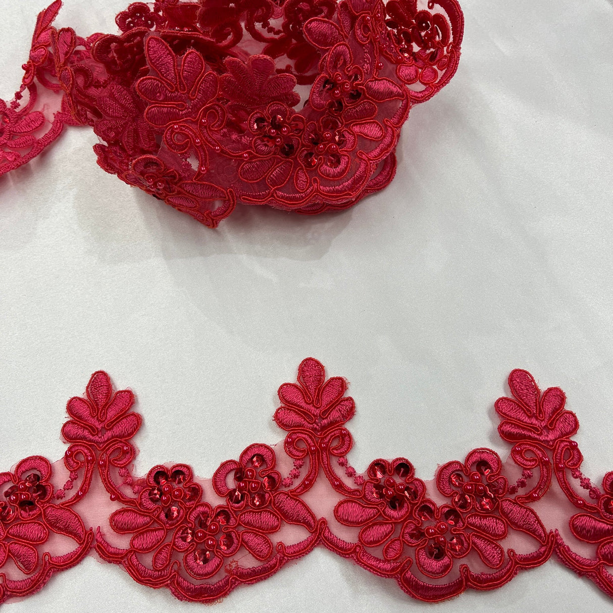 1 Yard Beaded & Corded Embroidered Lace Trim 3" Wide 100% Polyester for Bridal & Evening Dresses