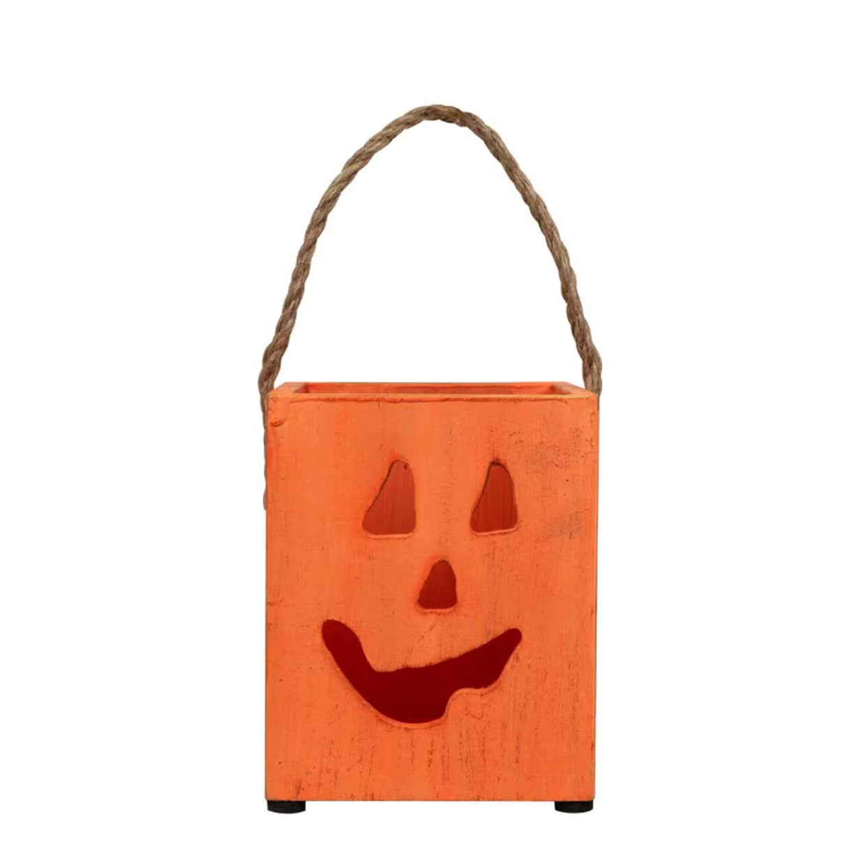6.25 in Small Orange Wood Jack O Lantern Halloween Candle Holder