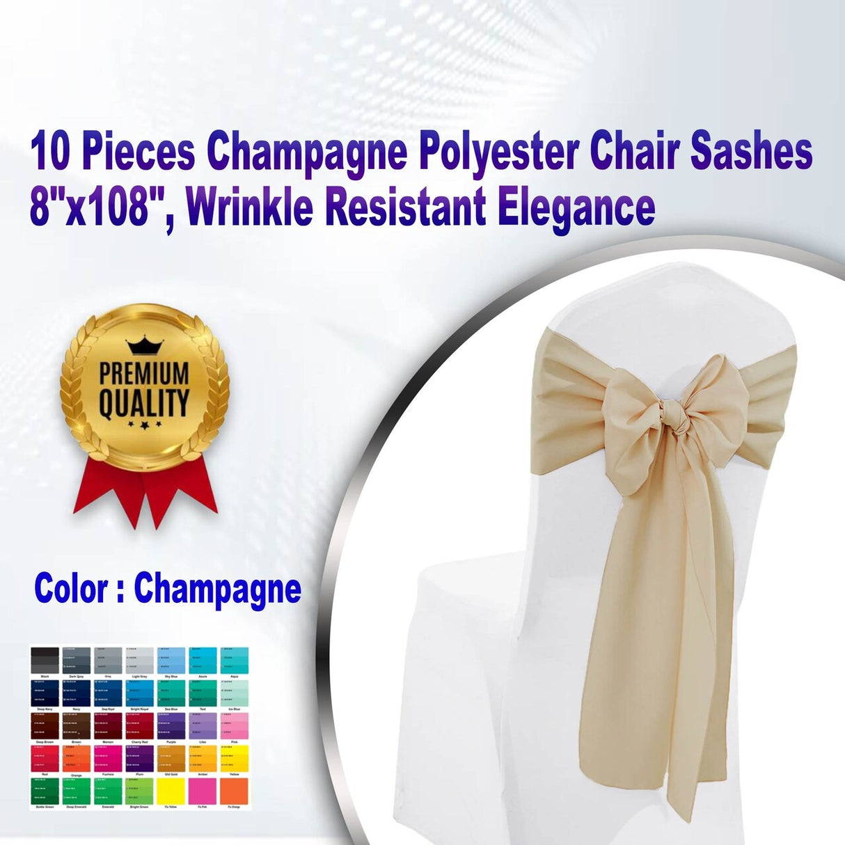 10 Pieces Champagne Polyester Chair Sashes 8"x108", Wrinkle Resistant Elegance