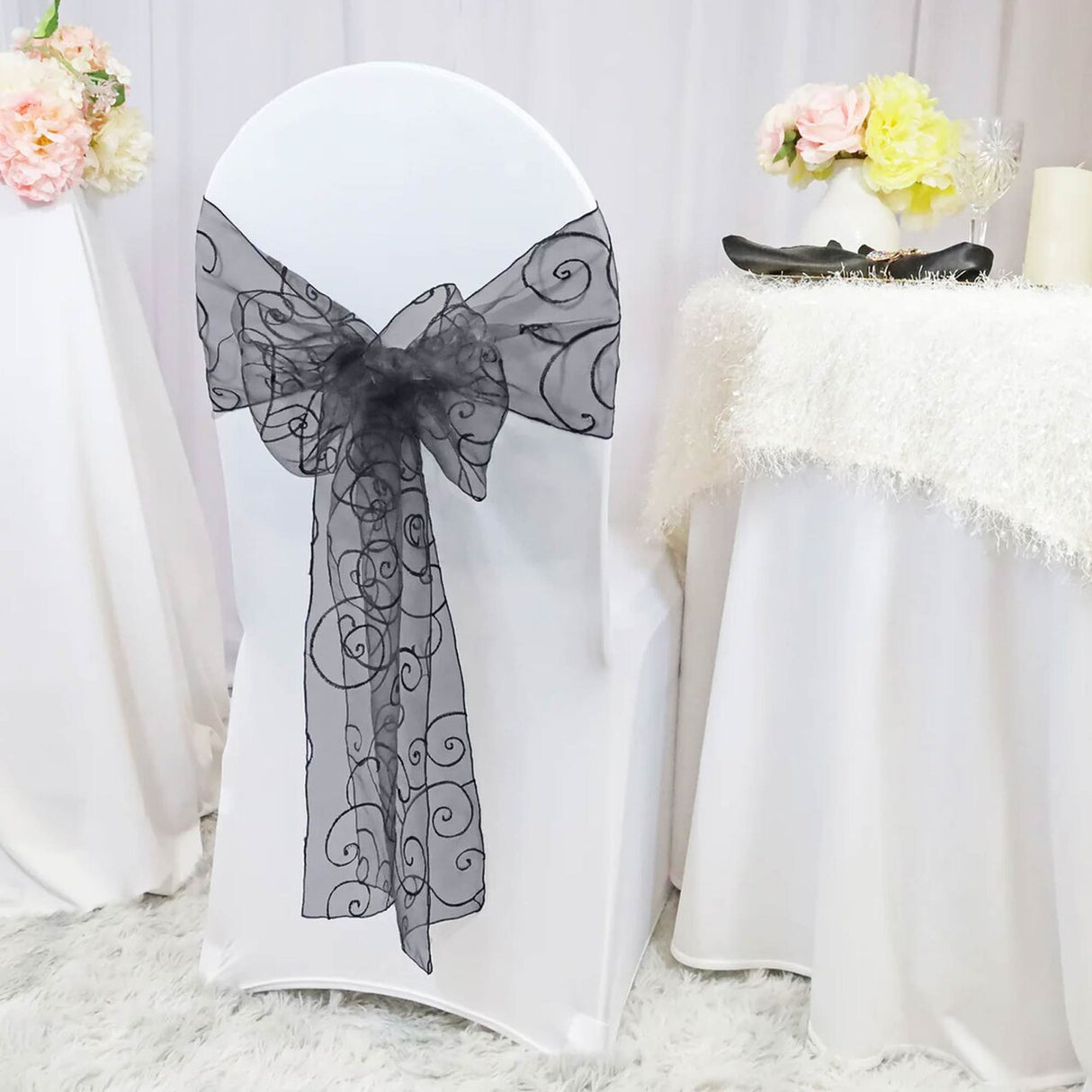 10 Pieces Pewter Embroidered Organza Chair Sashes 8"x108" Sophisticated Event Decor