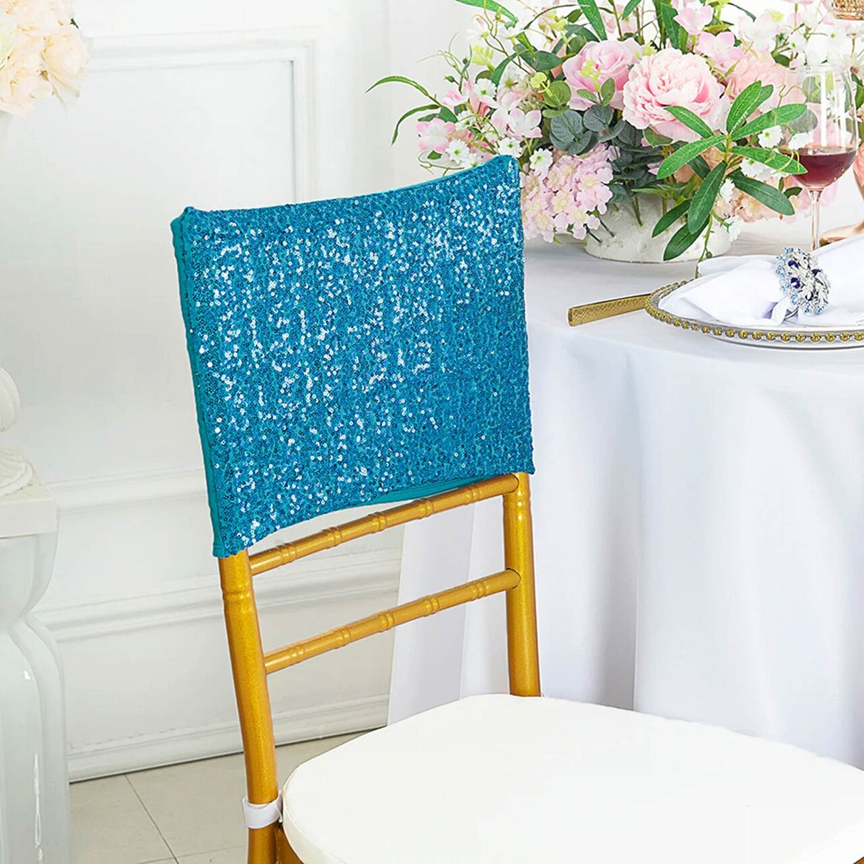 1 Piece Turquoise Sequin Spandex Chair Cap 13.5 inch by 10 inch Event Decoration