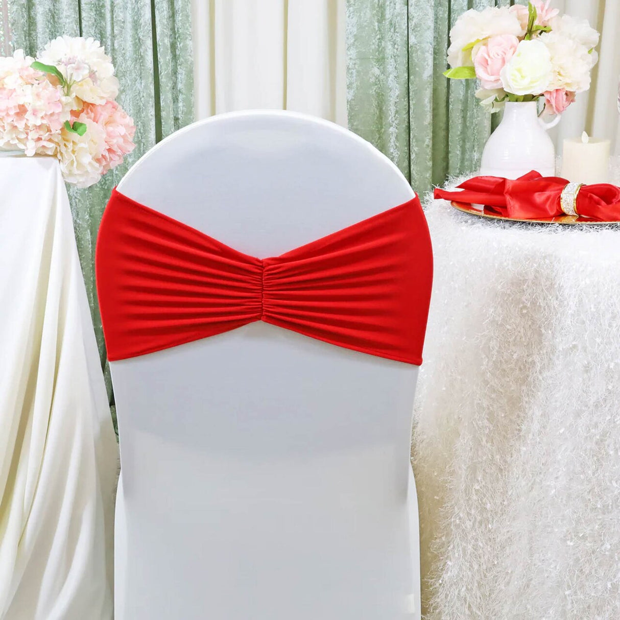10 Pieces Red Ruffled Spandex Chair Bands for Bold Event Accents 8x13 inches