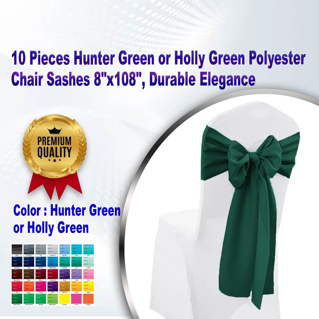 10 Pieces Hunter Green or Holly Green Polyester Chair Sashes 8"x108", Durable Elegance