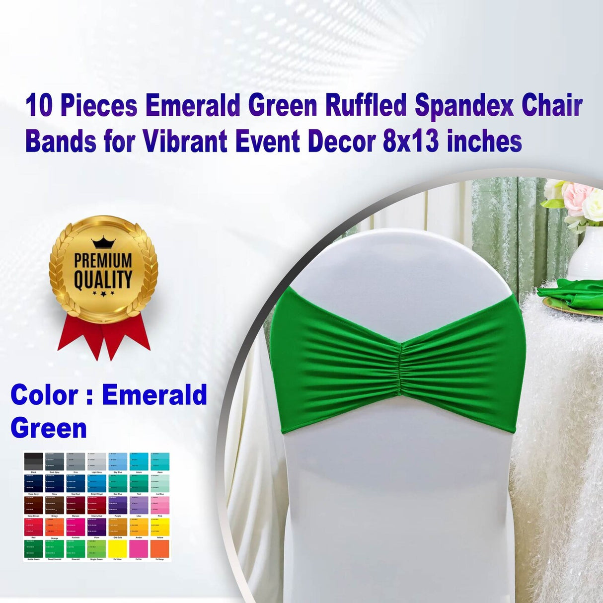 10 Pieces Emerald Green Ruffled Spandex Chair Bands for Vibrant Event Decor 8x13 inches