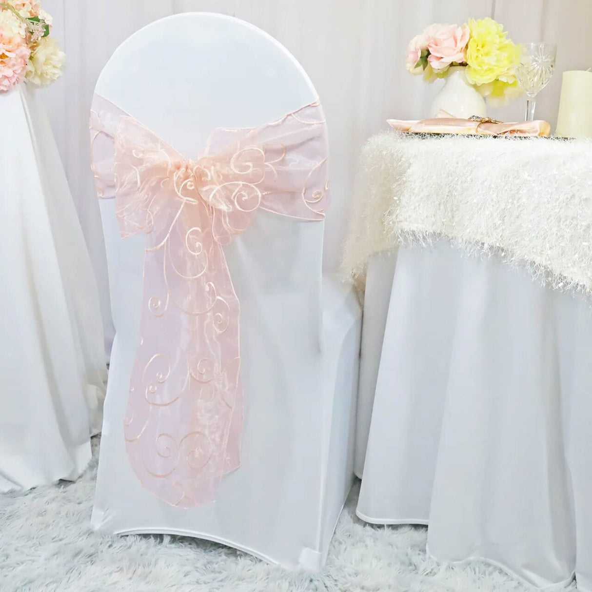 10 Pieces Blush Pink Rose Gold Embroidered Organza Chair Sashes Sheer Elegant Wedding Chair Wraps 8"x108"