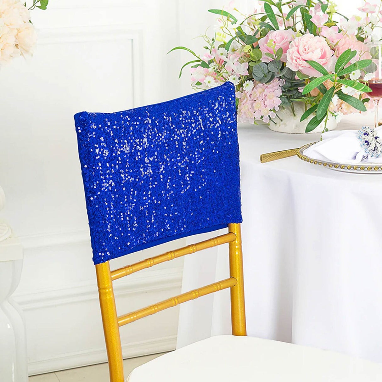 1 Piece Royal Blue Sequin Spandex Chair Cap 13.5 inch by 10 inch Reception Decor