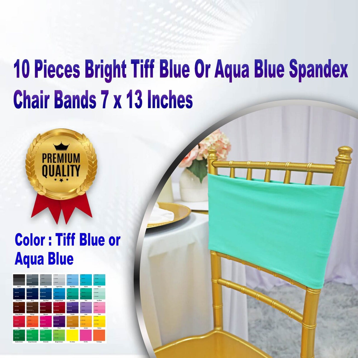 10 Pieces Bright Tiff Blue Or Aqua Blue Spandex Chair Bands 7 x 13 Inches