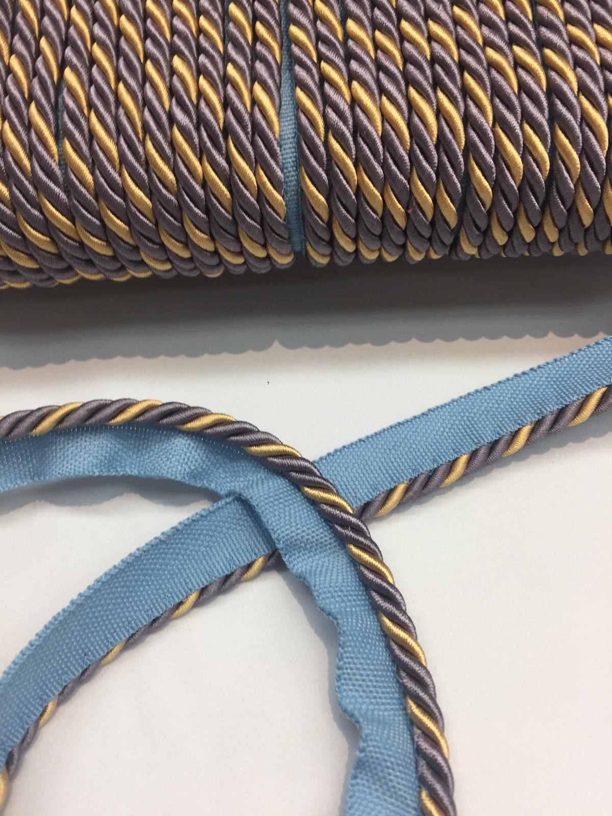 Lavendery Blue Yellow Trim Rope With Gimp Upholstery Fabric - Yellow, Blue, Rust Trim, 3/4" Width (10 Yards)