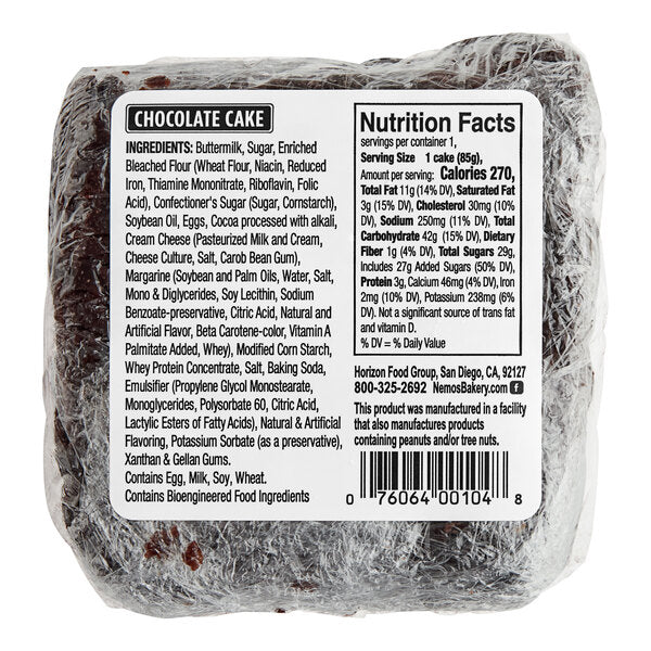 Ne-Mo's Bakery Frozen Individually Wrapped Chocolate Cake Square 3 oz. - 36/Case