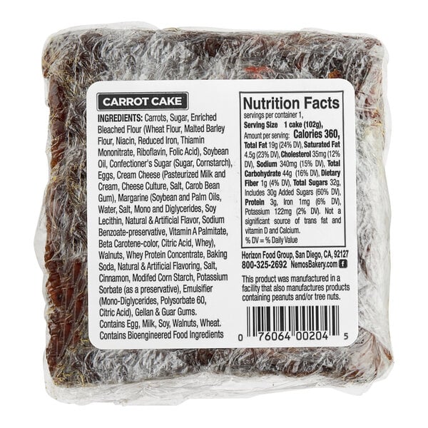 Ne-Mo's Bakery Frozen Individually Wrapped Carrot Cake Square 3.6 oz. - 36/Case