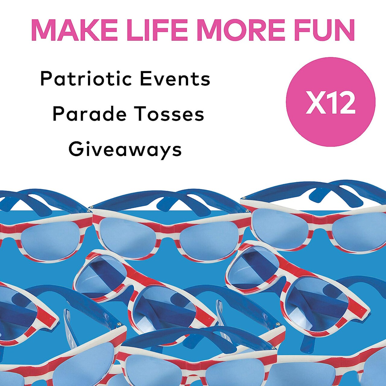 5 1/2" x 2" Kids Patriotic Plastic Novelty Sunglasses with Blue Lenses - 12 Pc.