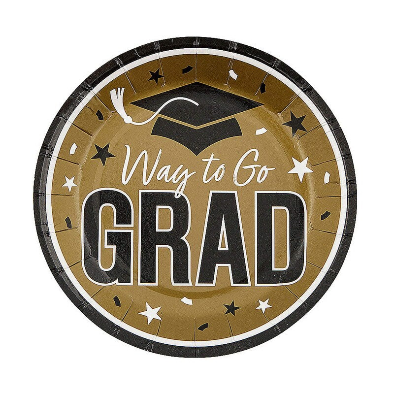 Gold Way to Go Grad Dessert Plates 7.25 Inch Paper 25 Count Graduation Party Supplies