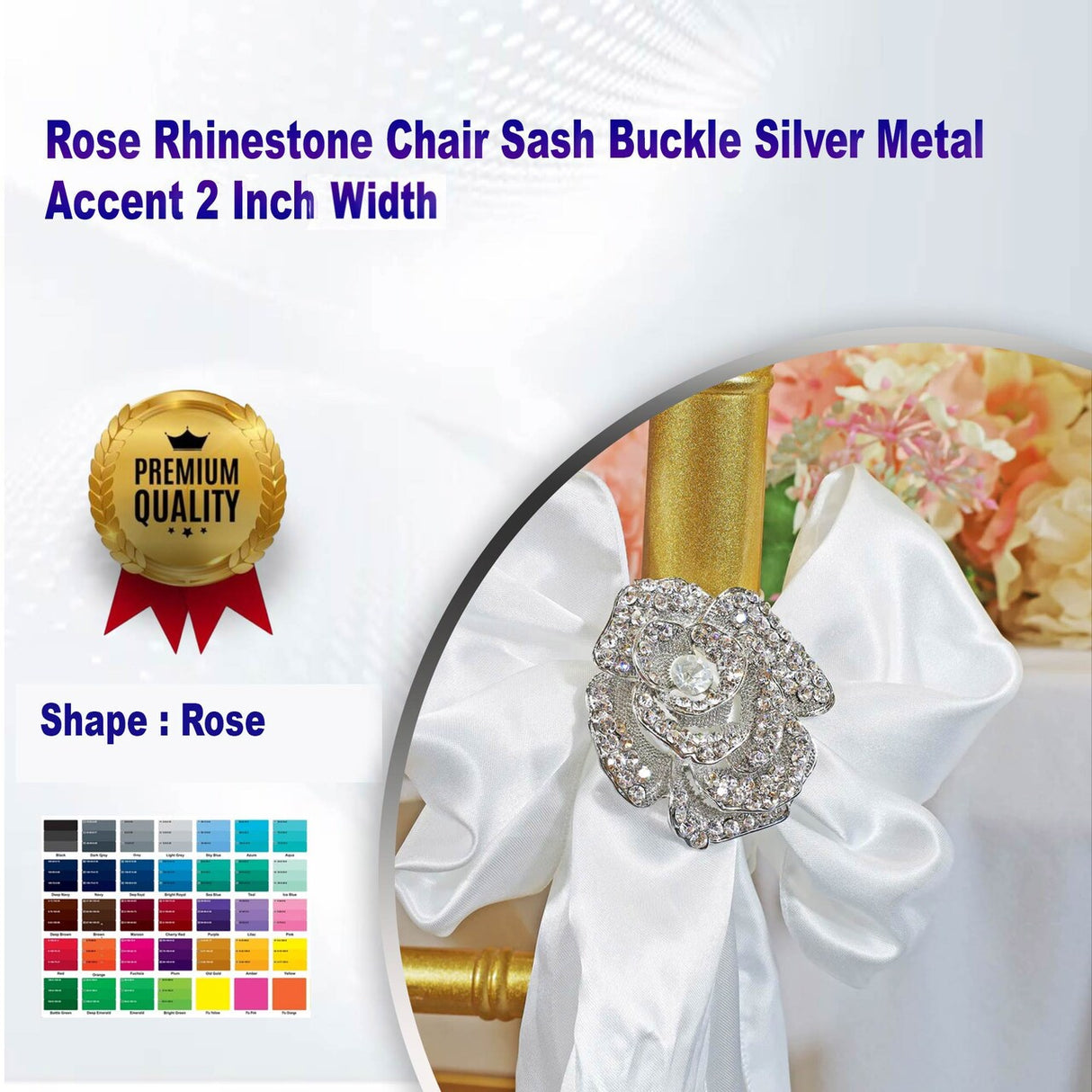 1 Piece Rose Rhinestone Chair Sash Buckle Silver Metal Accent 2 Inch Width