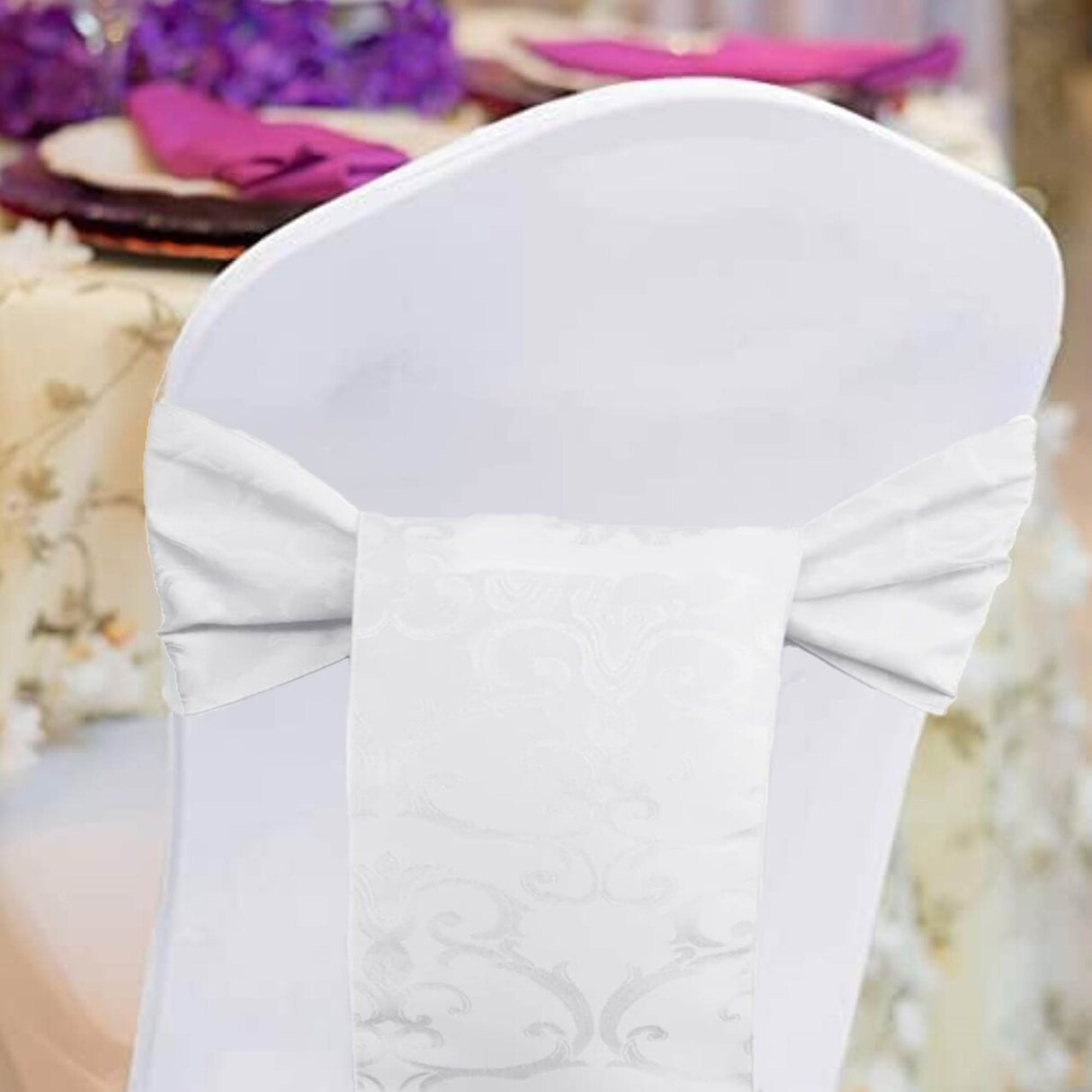 10 Pieces White Versailles Damask Jacquard Chair Sashes 7.5"x108" Elegant Polyester